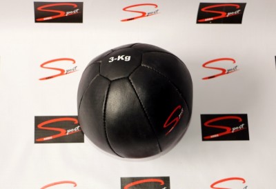 Bola medicinal preta de 3 Kg sobre fundo branco com logos 'Sport'