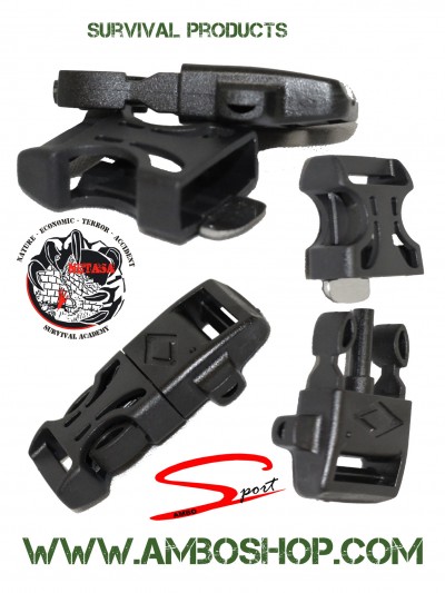 Fivelas plásticas pretas para produtos de sobrevivência com textos e logotipos visíveis