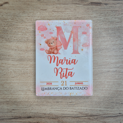 Cartão decorativo para lembrança de batizado com ursinho e texto personalizado