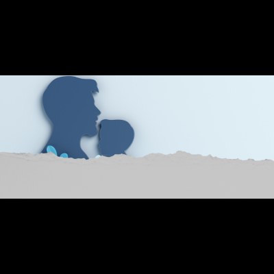 Silhuetas azuis de adulto e bebé em fundo azul claro com borda cinza irregular