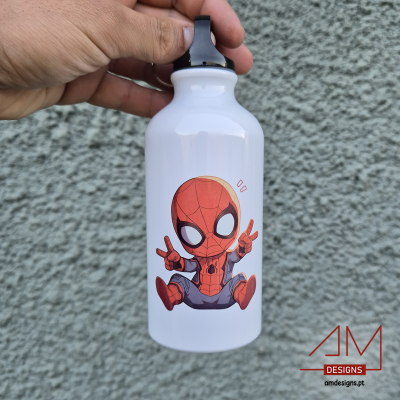 Garrafa de água branca com desenho animado do Homem-Aranha e tampa preta
