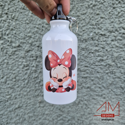 Garrafa de alumínio branca com ilustração da Minnie Mouse e tampa preta