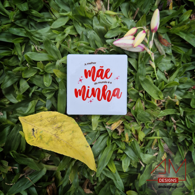 Caixa branca com texto 'A melhor mãe do mundo é a minha' numa cama de folhas verdes com folha amarela e flores