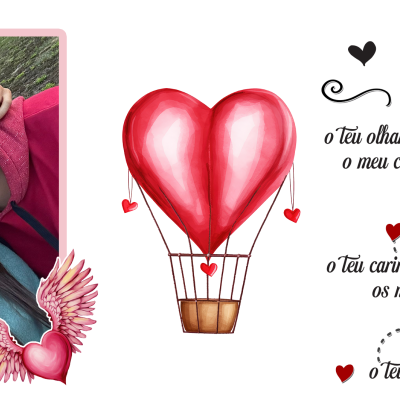 Foto de casal sorridente e ilustração com balão coração e texto 'AS RAZÕES de amar-te' em português