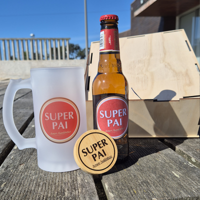 Conjunto garrafa, caneca e tampa com design SUPER PAI Amor Autêntico