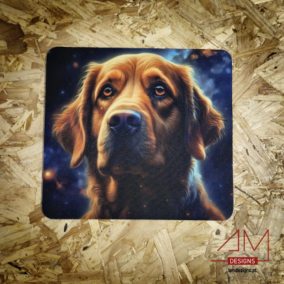 Tapete com imagem de cão castanho sobre fundo estrelado, sobre madeira, com logótipo AM DESIGNS.