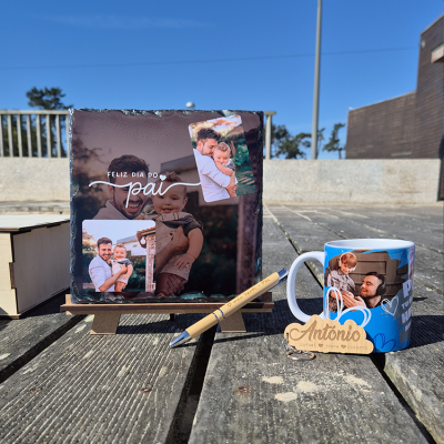 Conjunto de presentes personalizados para o Dia do Pai com fotos, caneca, caneta e porta-chaves