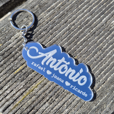 Chaveiro acrílico azul com texto branco António e nomes rafael, joana, ricardo