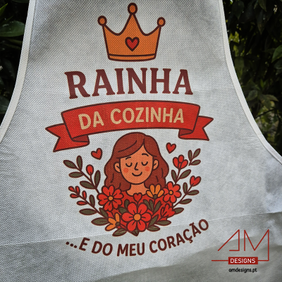 Avental branco com estampa de coroa, texto e desenho de mulher com flores e corações