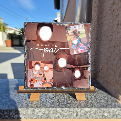 Placa personalizada de ardósia com fotos e mensagem de dia do pai numa base de madeira.