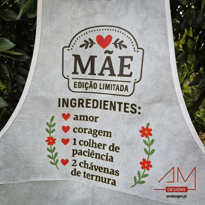 Avental cinzento com texto e decoração flores