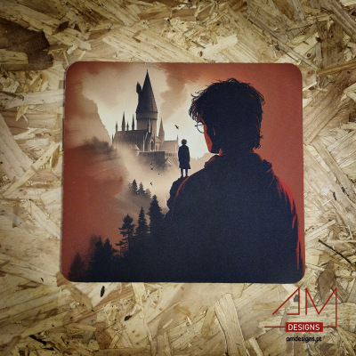 Tapete de rato com imagem estilizada de rapaz olhando para castelo gótico