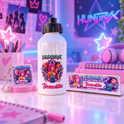 Garrafa branca, chaveiro e placa decorados com personagens de desenho e texto HUNTRX Benedita sobre secretária rosa iluminada por luzes neon