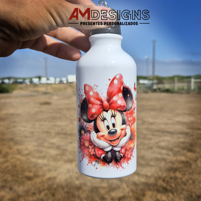 Garrafa branca com imagem da Minnie Mouse com laço vermelho