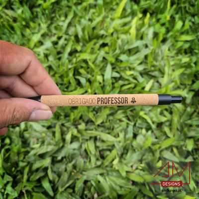 Caneta em cortiça com texto Obrigado Professor segurada por mão contra relva verde