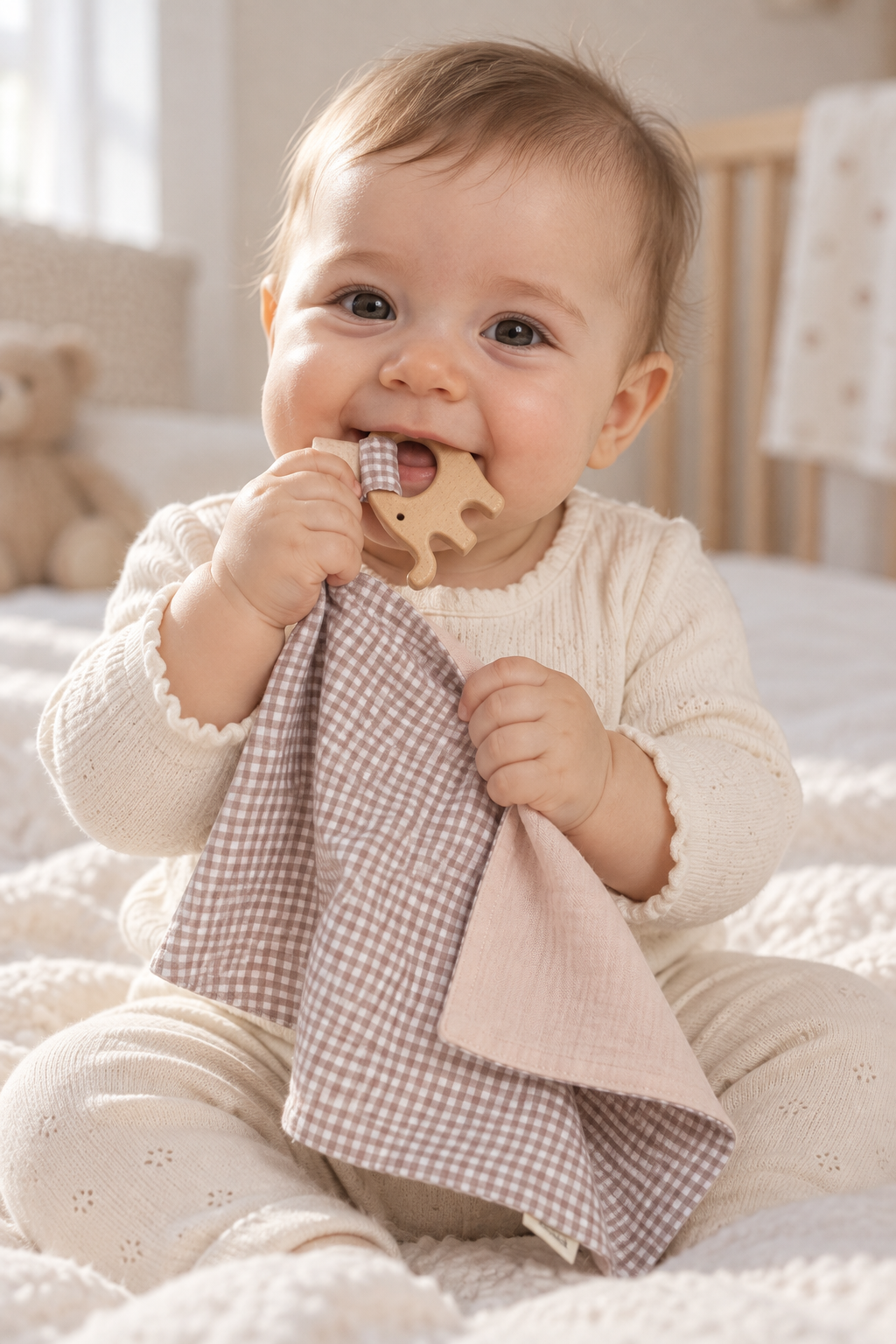 Doudou com mordedor Elefante - Xadrez taupe Bebé com roupa bege segurando doudou com padrão de quadrados e mordedor de madeira.