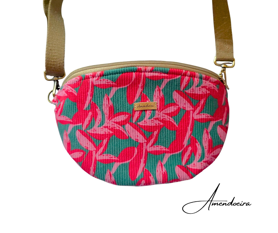Bolsa Milan - Bombazine flores silvestres Bolsa saco verde com folhas cor-de-rosa e alça castanha Amendoeira