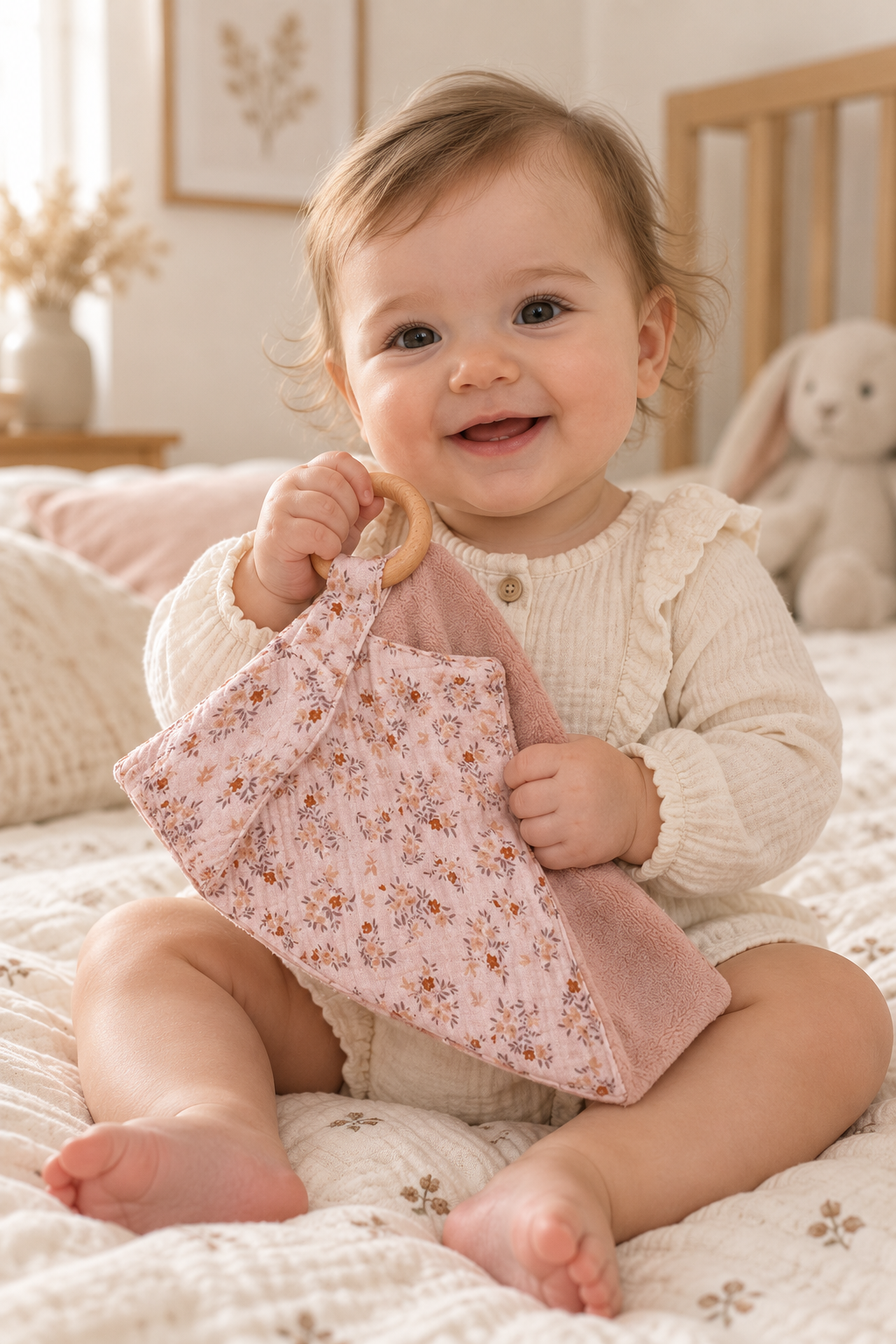 Doudou com mordedor argola - Flores de campo Bebé a sorrir segurando pano floral com anel de madeira, roupa creme com folhos, sentado numa cama clara