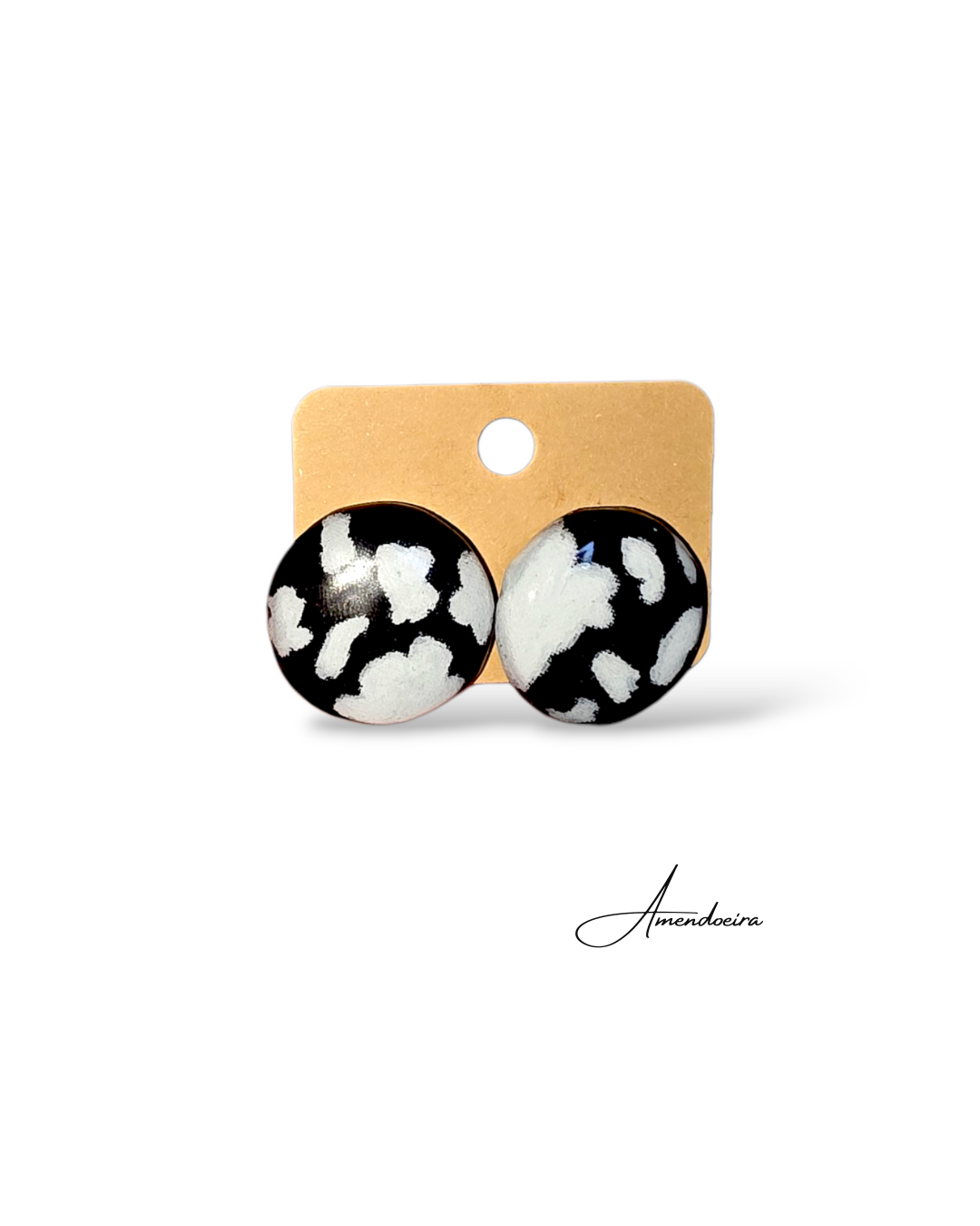 Brincos Bilbau - Elegance Cowi Par de brincos redondos pretos e brancos em cartão castanho claro