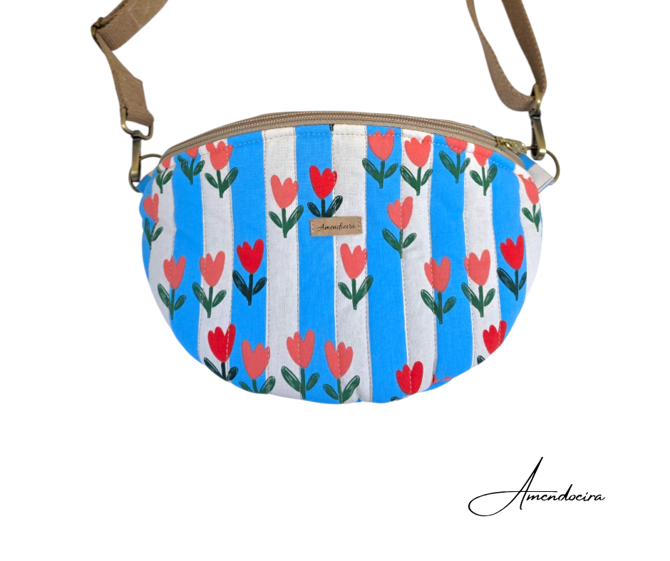Bolsa Milan - Riscas azuis e túlipas Bolsa pochete com padrão de flores vermelhas e azuis