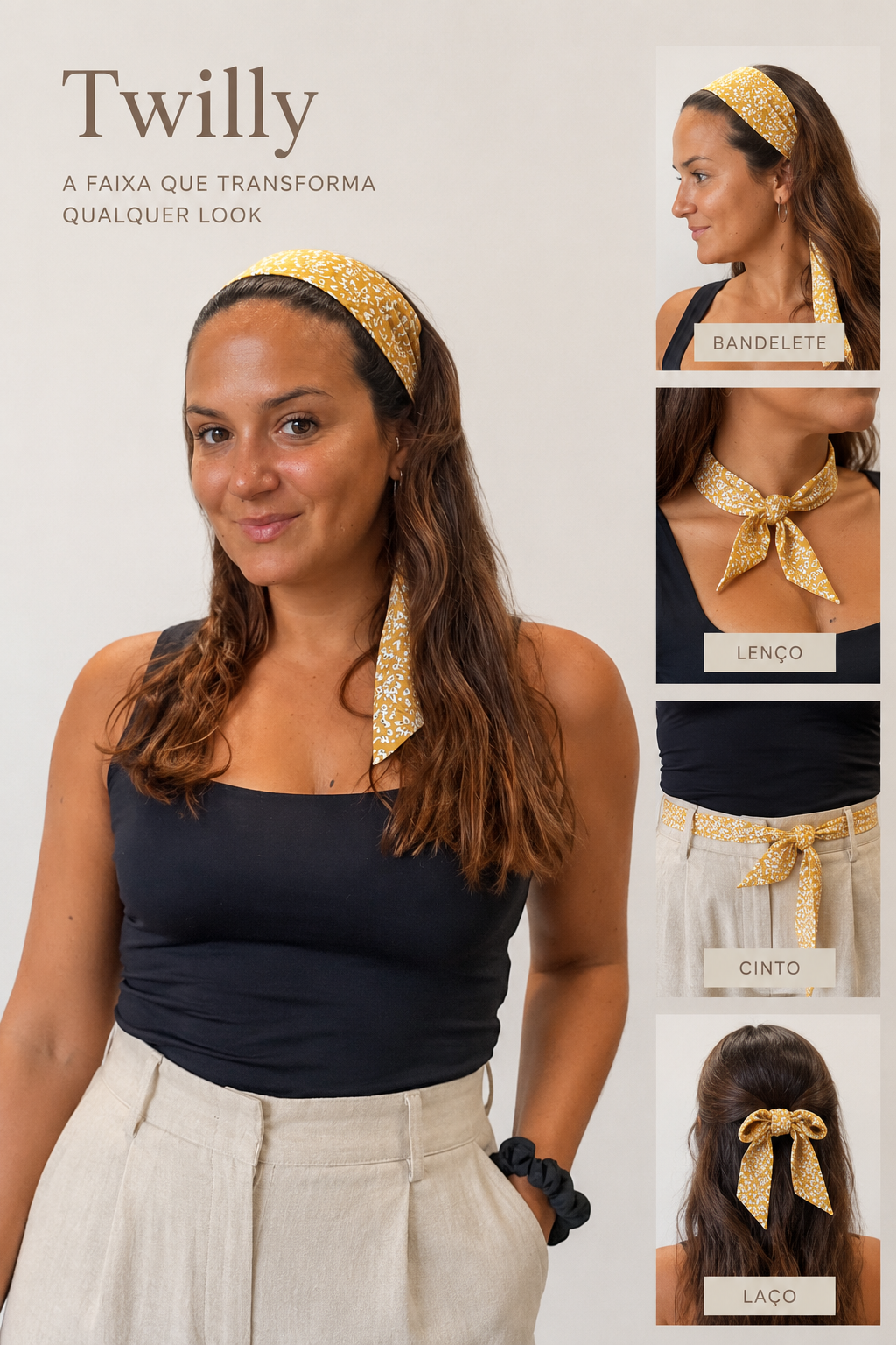 Twilly Amendoeira - Mostarda com padrão Faixa Twilly amarela com padrão branco usada de quatro formas diferentes
