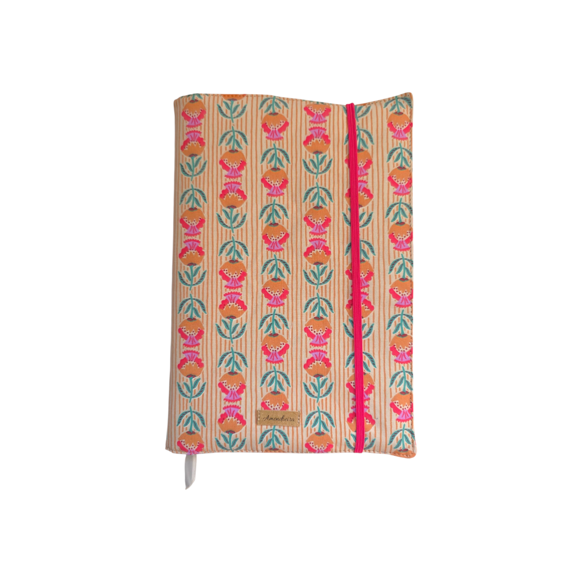 Capa para livro ajustável- Book Hug flores e riscas Capa de tecido com padrão floral colorido e elástico rosa