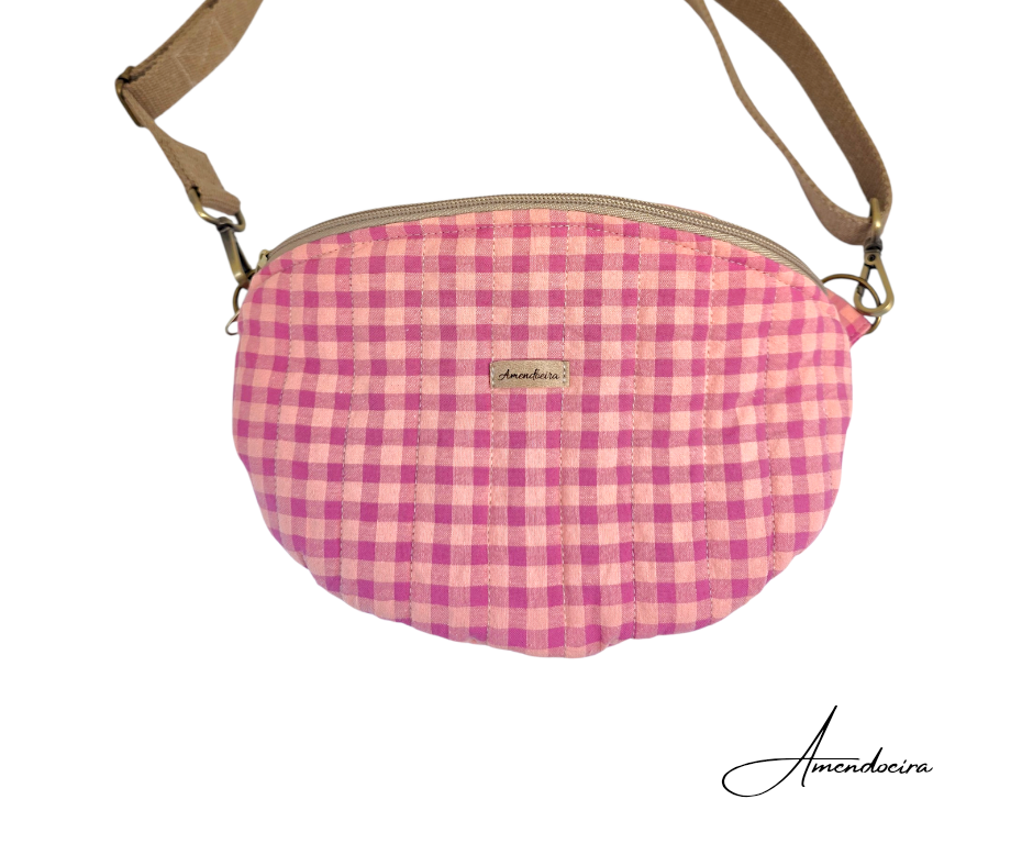 Bolsa Milan - Vichy malva e salmão mala tiracolo xadrez rosa e bege com alça castanha