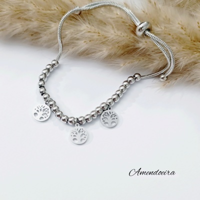 Pulseira metálica prata com pingentes de árvore da vida