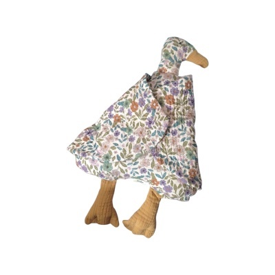 Boneco decorativo em tecido com forma de pato e estampa floral