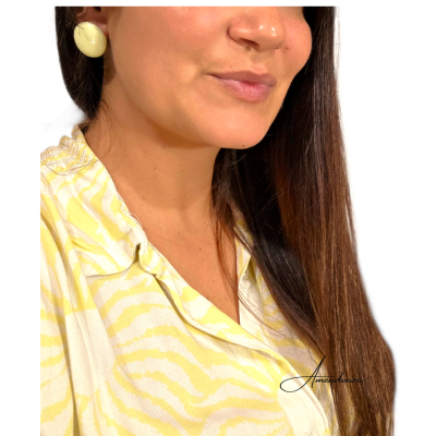 Brincos creme e blusa amarela com padrão zebra