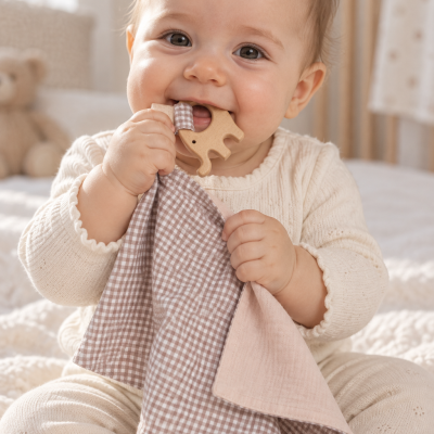 Bebé com roupa bege segurando doudou com padrão de quadrados e mordedor de madeira.