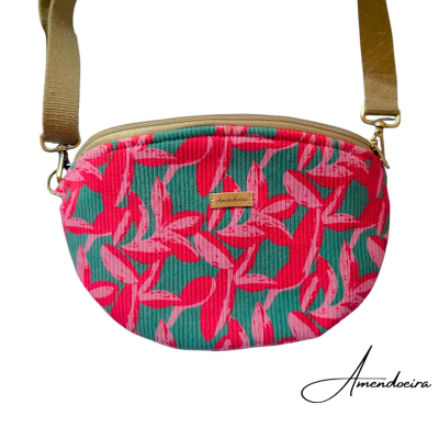 Bolsa saco verde com folhas cor-de-rosa e alça castanha Amendoeira