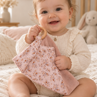 Bebé a sorrir segurando pano floral com anel de madeira, roupa creme com folhos, sentado numa cama clara