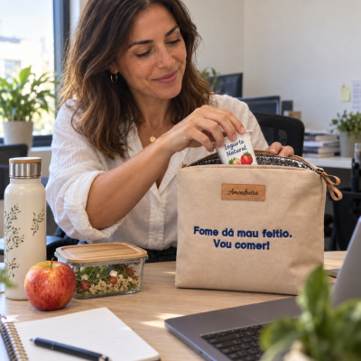 Necessaire bege com texto azul numa mesa de escritório com mulher a guardar iogurte e alimentos saudáveis
