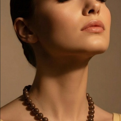 Colar de contas castanhas com fecho dourado no pescoço de uma mulher