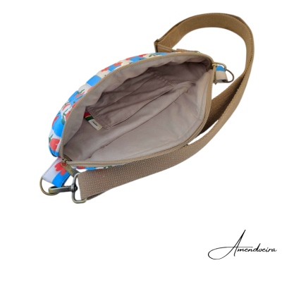 Bolsa de ombro floral com alça castanha e interior bege