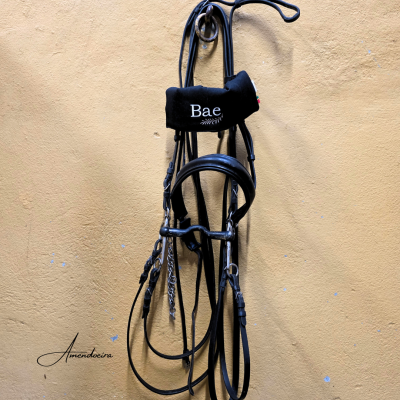 Rédeas e cabresto de couro preto pendurados numa parede amarela com fita preta 'Bae'