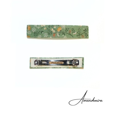 Presilhas de cabelo retangulares verdes com padrão floral e fecho metálico