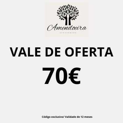 Vale de oferta de 70€ da Amendoeira Acessórios com logotipo e validade de 12 meses