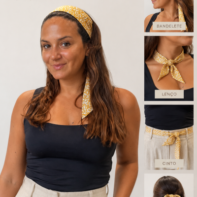Faixa Twilly amarela com padrão branco usada de quatro formas diferentes