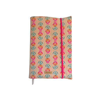 Capa de tecido com padrão floral colorido e elástico rosa