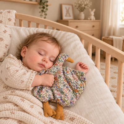 Bebé a dormir abraçado a peluche colorido na cama de madeira clara