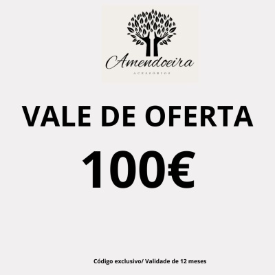 Vale de oferta de 100 euros com logotipo Amendoeira Acessórios e texto de validade.