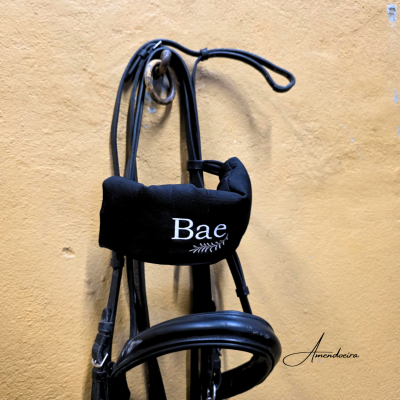 Freio de cavalo com proteção preta e palavra 'Bae', pendurado numa parede amarela