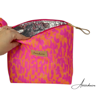 Bolsa térmica rosa e laranja com fecho de correr e interior prateado