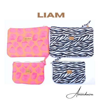 Quatro necessaires com estampas animal print rosa com laranja e zebra preto e branco