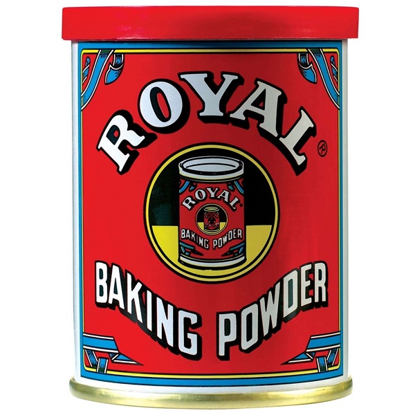 Fermento em pó Frasco de fermento em pó Royal vermelho com tampa vermelha e texto branco e preto