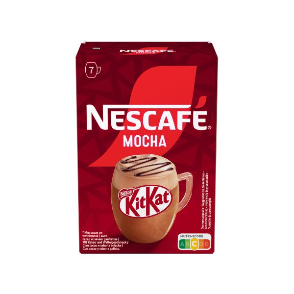 Nescafe Mocha Kit Kat Embalagem vermelha de Nescafé Mocha KitKat com imagem de caneca de café mocha e texto Nutri-Score.