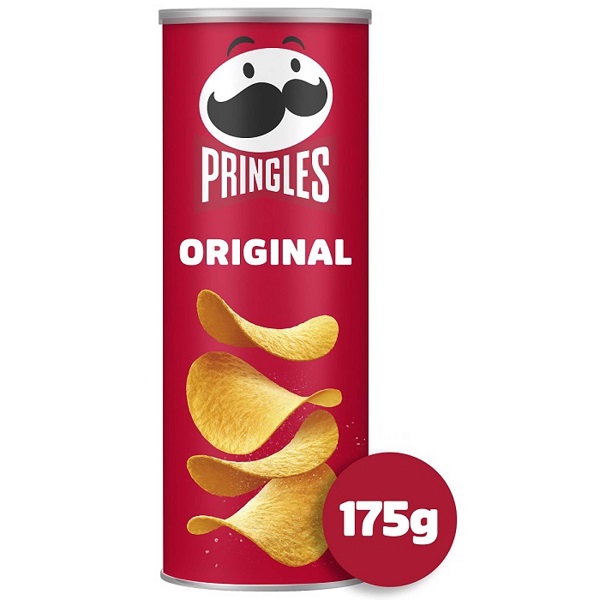 Pringles Original Embalagem vermelha cilíndrica Pringles Original com batatas fritas douradas e texto 175g