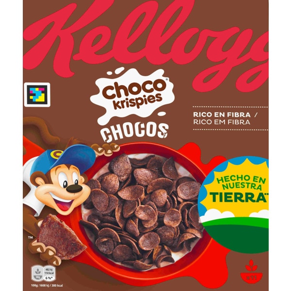 Kellogg's Choco Krispies Embalagem de cereais Kellogg's Choco Krispies Chocos com tigre animado e selo de origem
